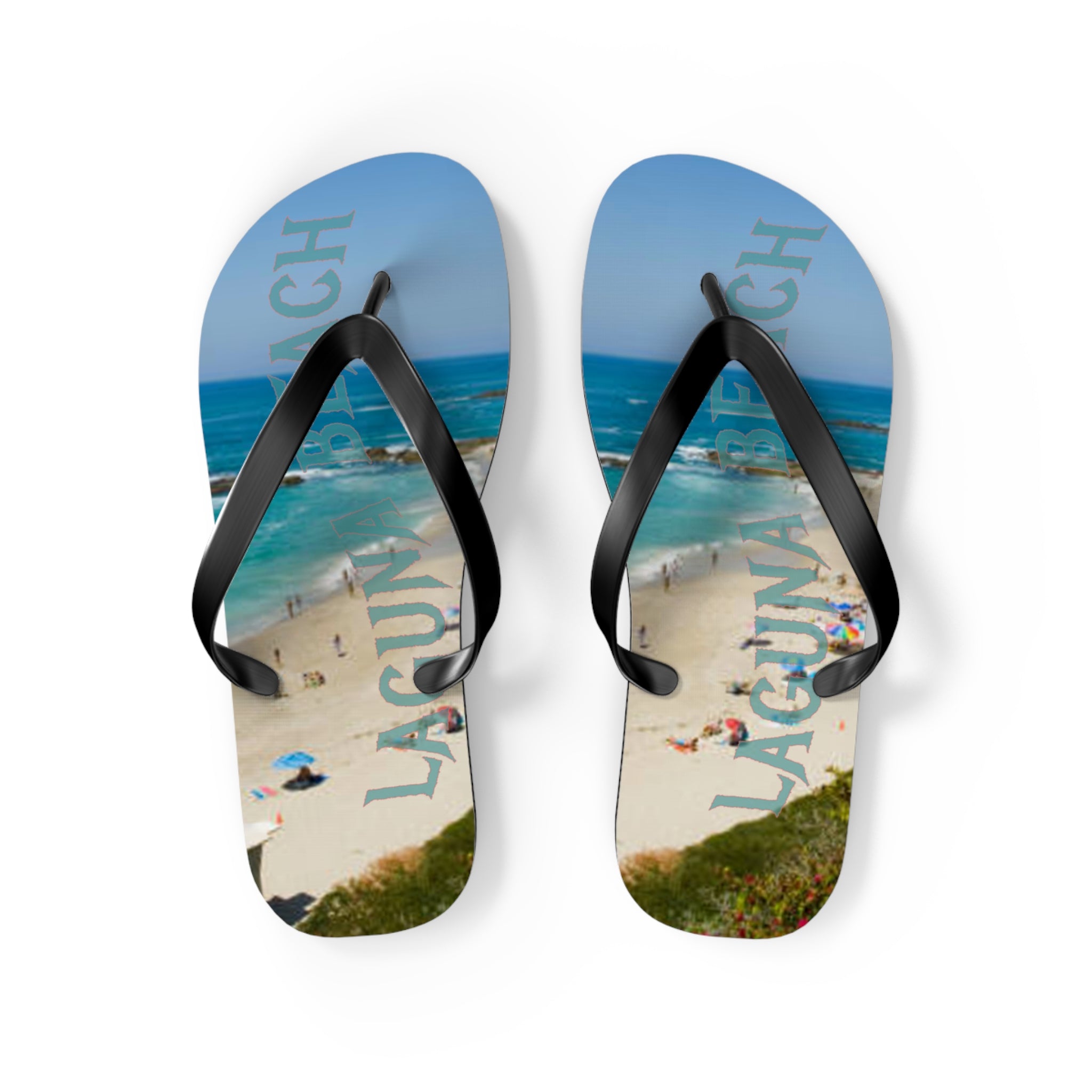 Laguna Beach flip-flops with beach scene and text.