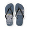 Flip-flops with ocean waves and a surfer on the straps.