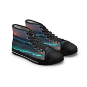 High-top sneakers with a dynamic ocean wave and sunset graphic.