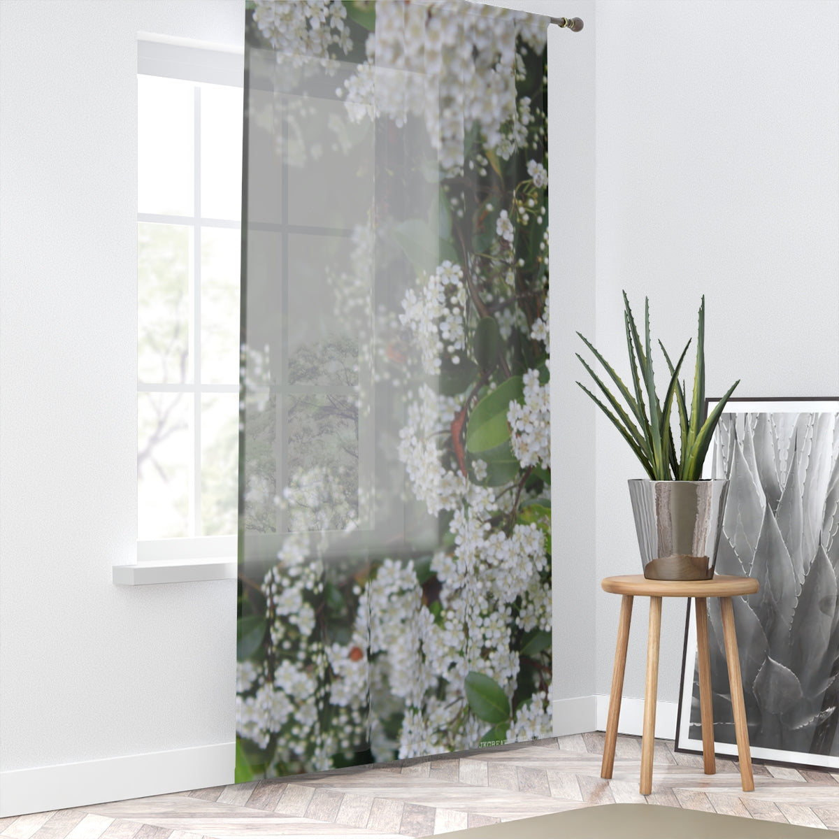 Sheer Curtained Window with Floral Pattern Decor
