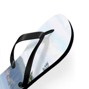 White flip-flop with a scenic landscape print on the sole.