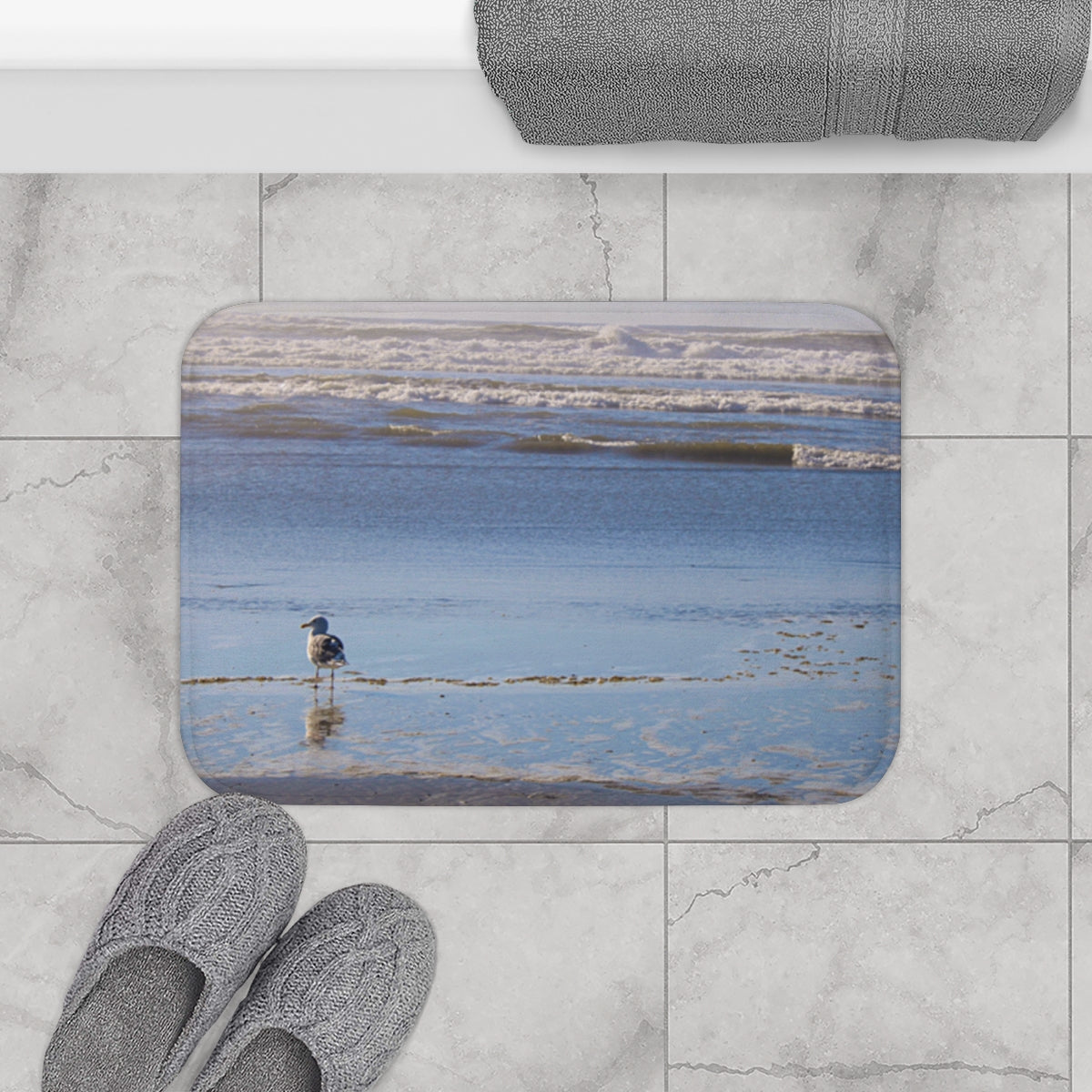 Coastal Beach Scene With Seagull Bath Mat