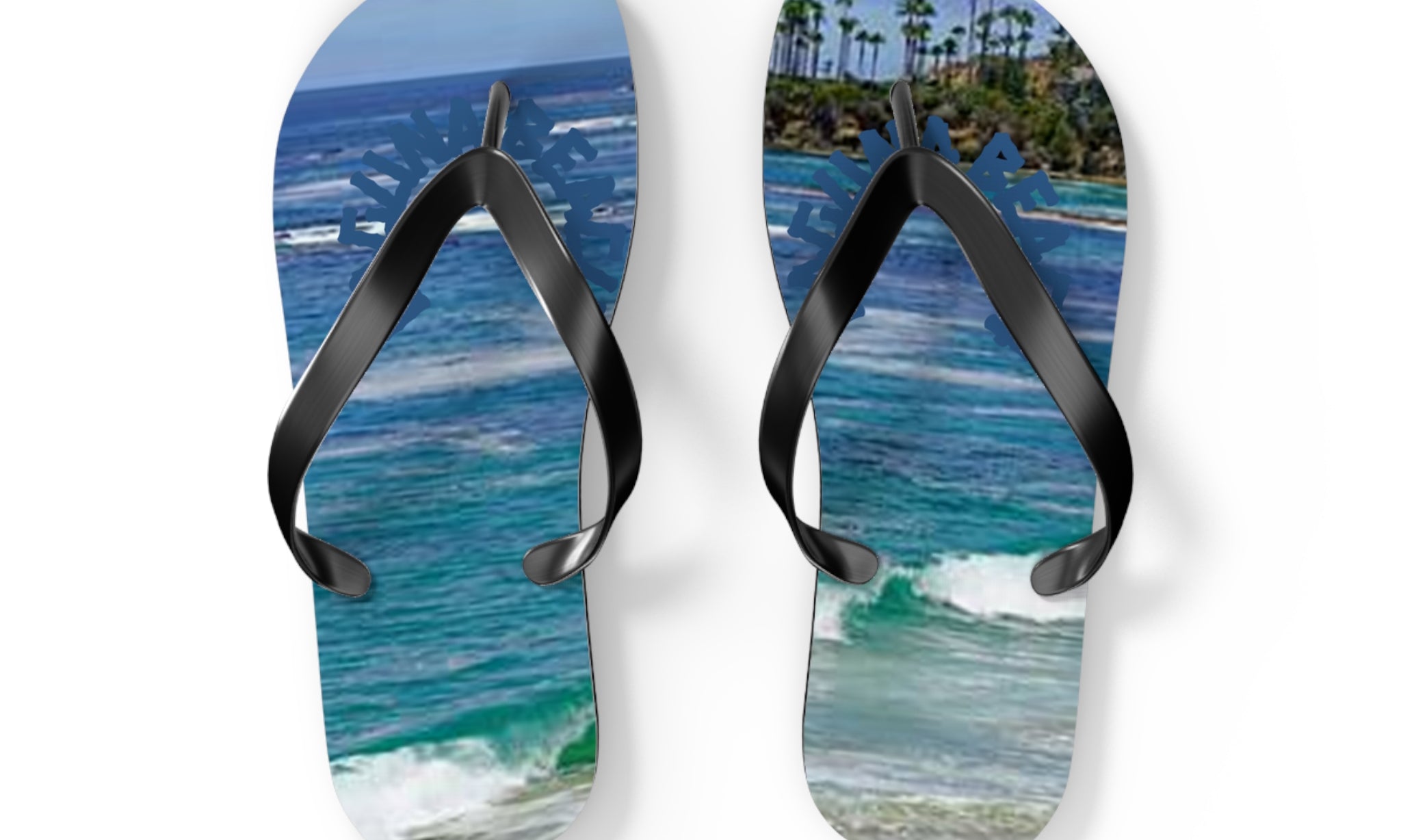 Flip flops with a beach scene and palm trees printed on the soles.