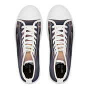 High-top canvas sneakers with a gradient sunset and cloud graphic.