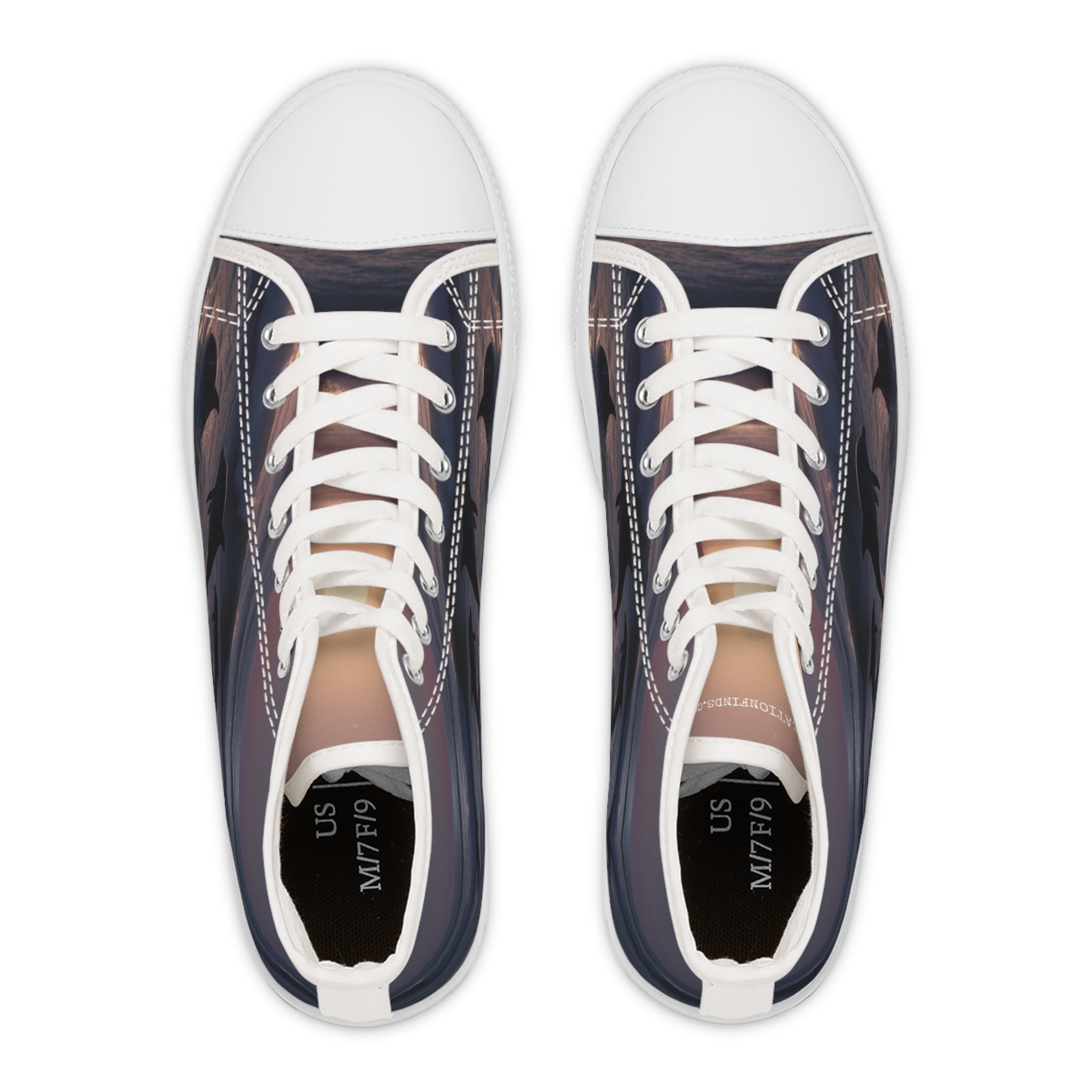 High-top canvas sneakers with a gradient sunset and cloud graphic.