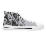 White high-top sneaker with a winter forest snow-covered trees scene.