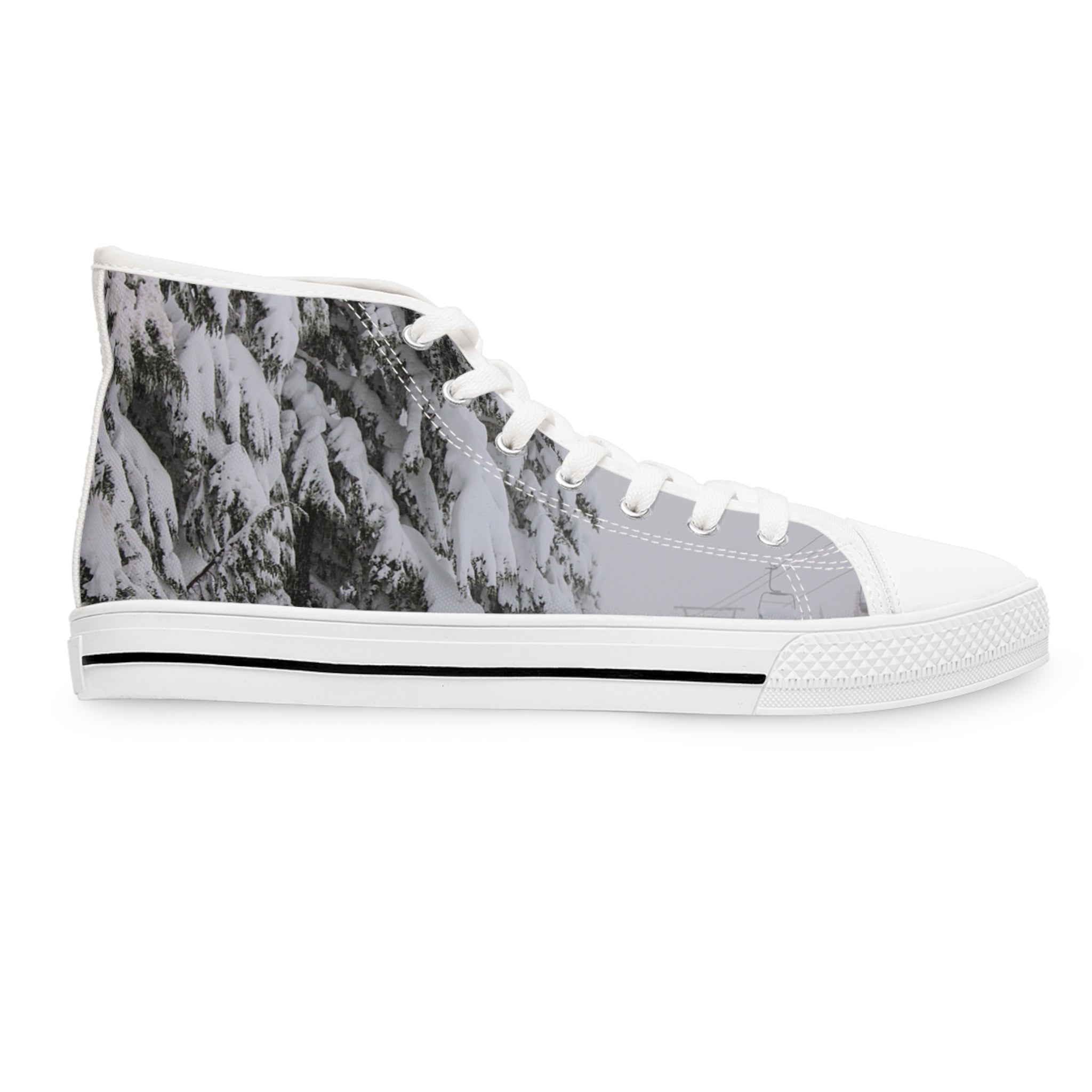 White high-top sneaker with a winter forest snow-covered trees scene.