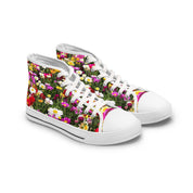 High-top sneakers with a colorful floral print on white background.