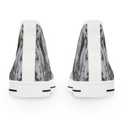 High-top sneakers with a snowy forest pattern, viewed from the back.