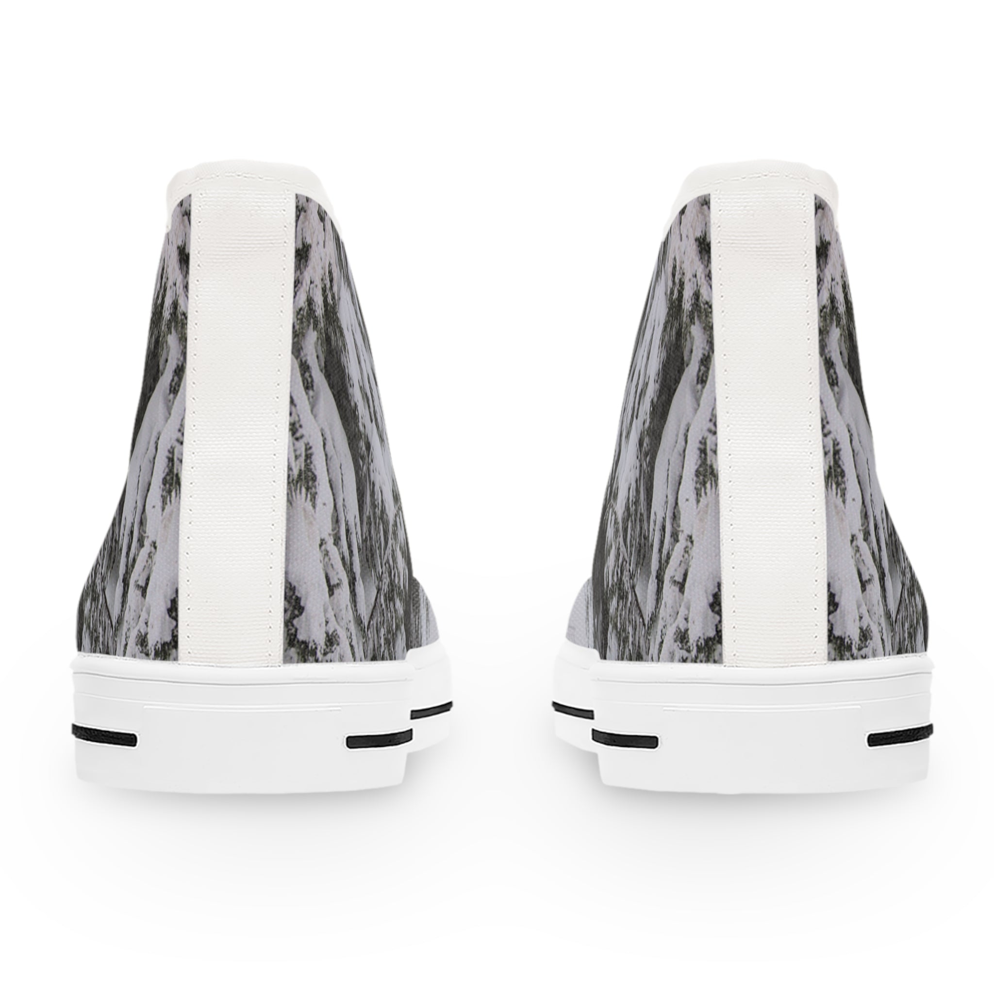 High-top sneakers with a snowy forest pattern, viewed from the back.