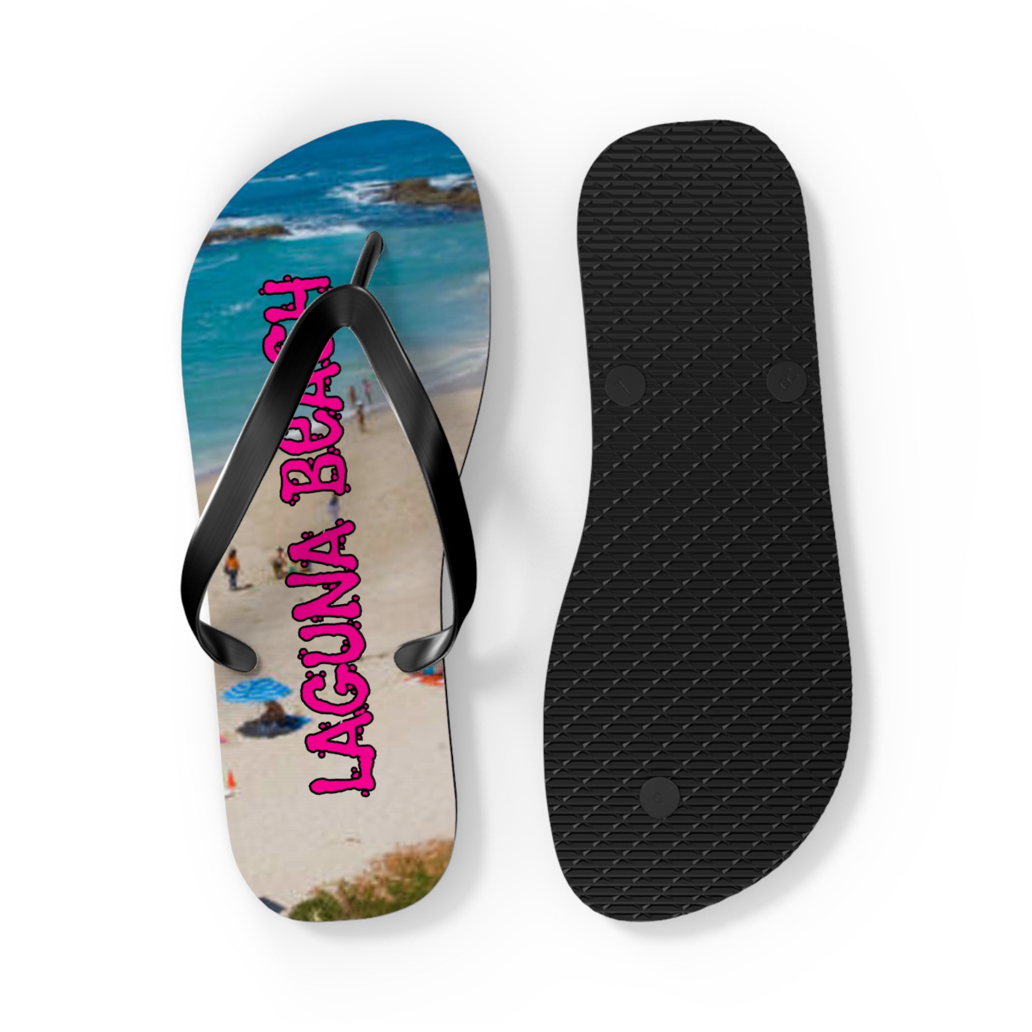 Flip-flops with "Laguna Beach" text over a beach scene.