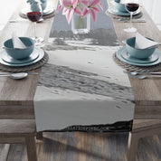 Table runner with abstract water pattern and "RECREATIONFINDS.COM" text.