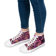 High-top sneakers with a vibrant floral and sequin pattern.
