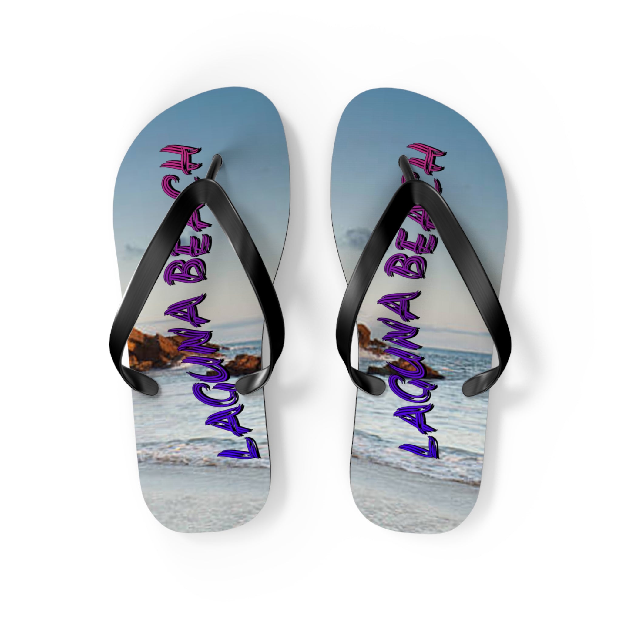 Flip-flops with "Laguna Beach" text and ocean sunset background.