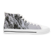 White high-top canvas sneaker with snow-covered pine trees print.