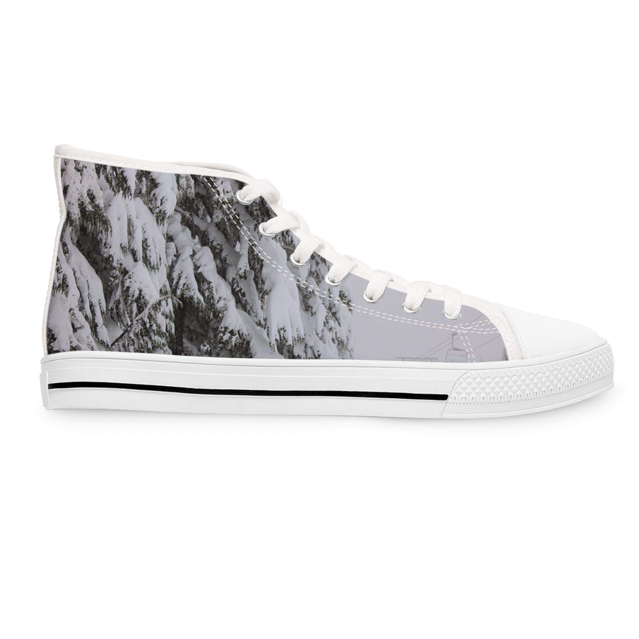 White high-top canvas sneaker with snow-covered pine trees print.