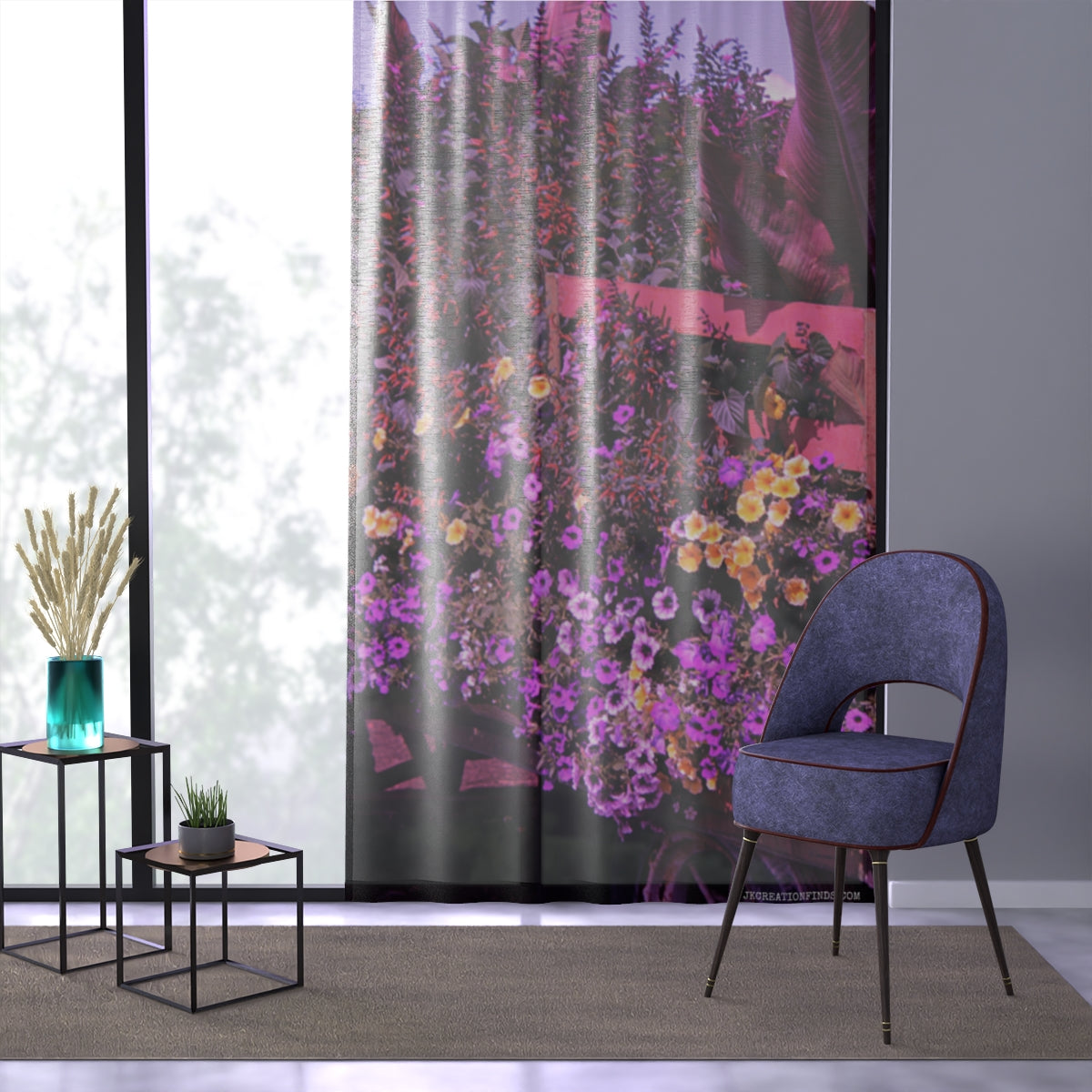 Floral Garden Window Curtain, Purple Yellow Flower Curtain, Botanical Print Curtain, Nature Inspired Home Decor, Pretty Home Decor Window