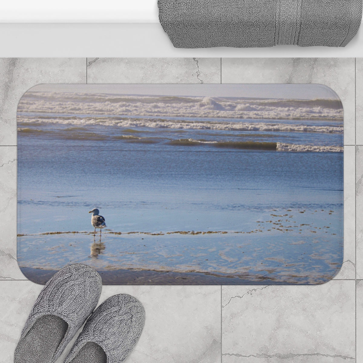 Seagull on Calm Beach Ocean Scene Bath Mat