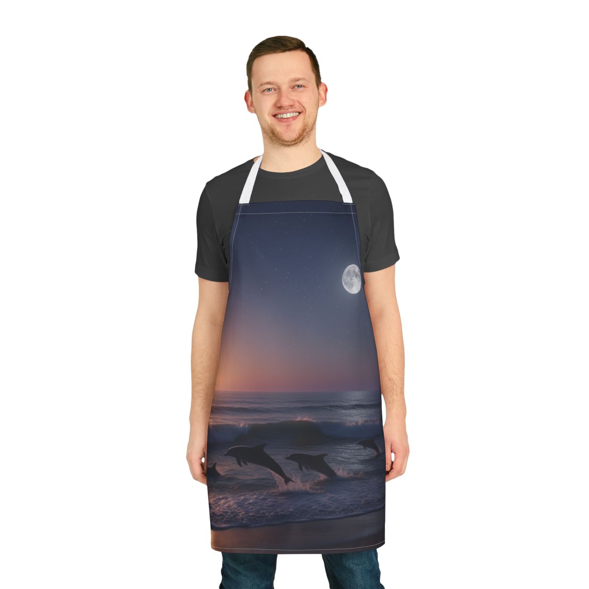 Moonlit Ocean Dolphins Apron with Stunning Night Scene