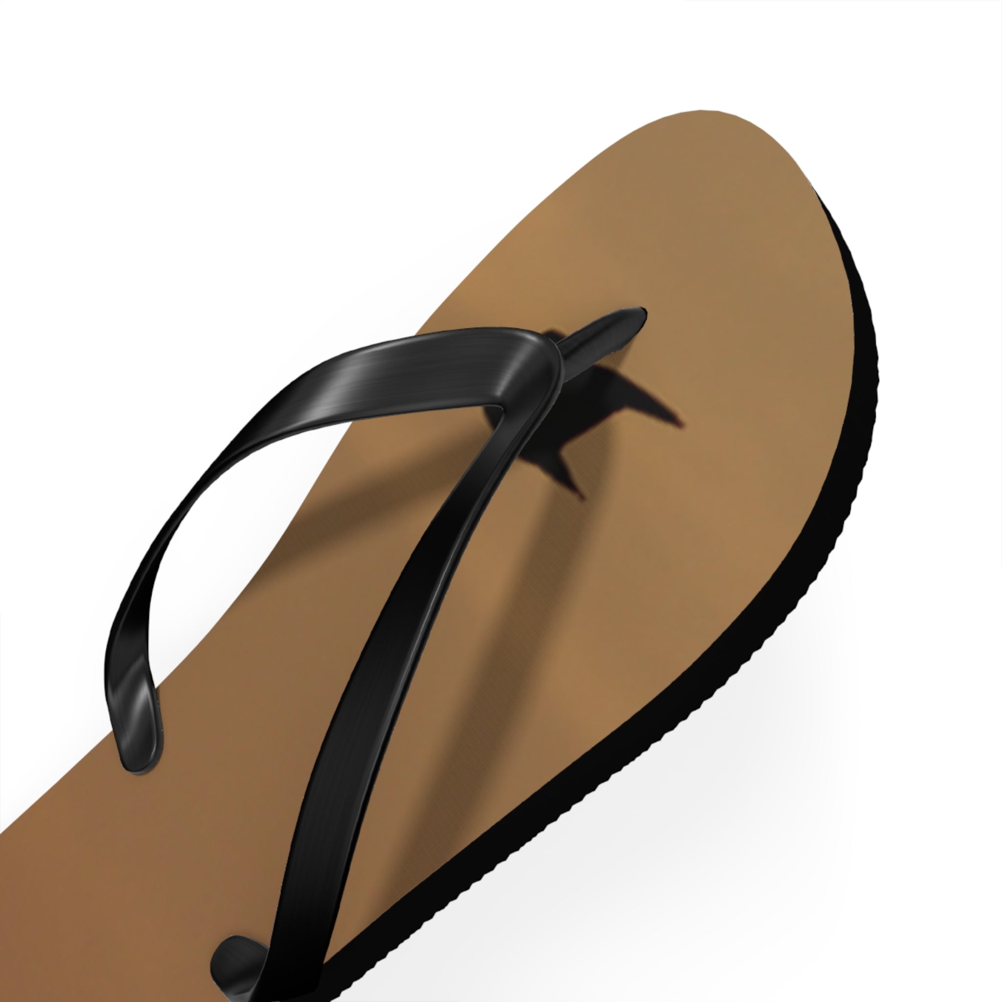 Brown flip-flop with black straps on a white background.