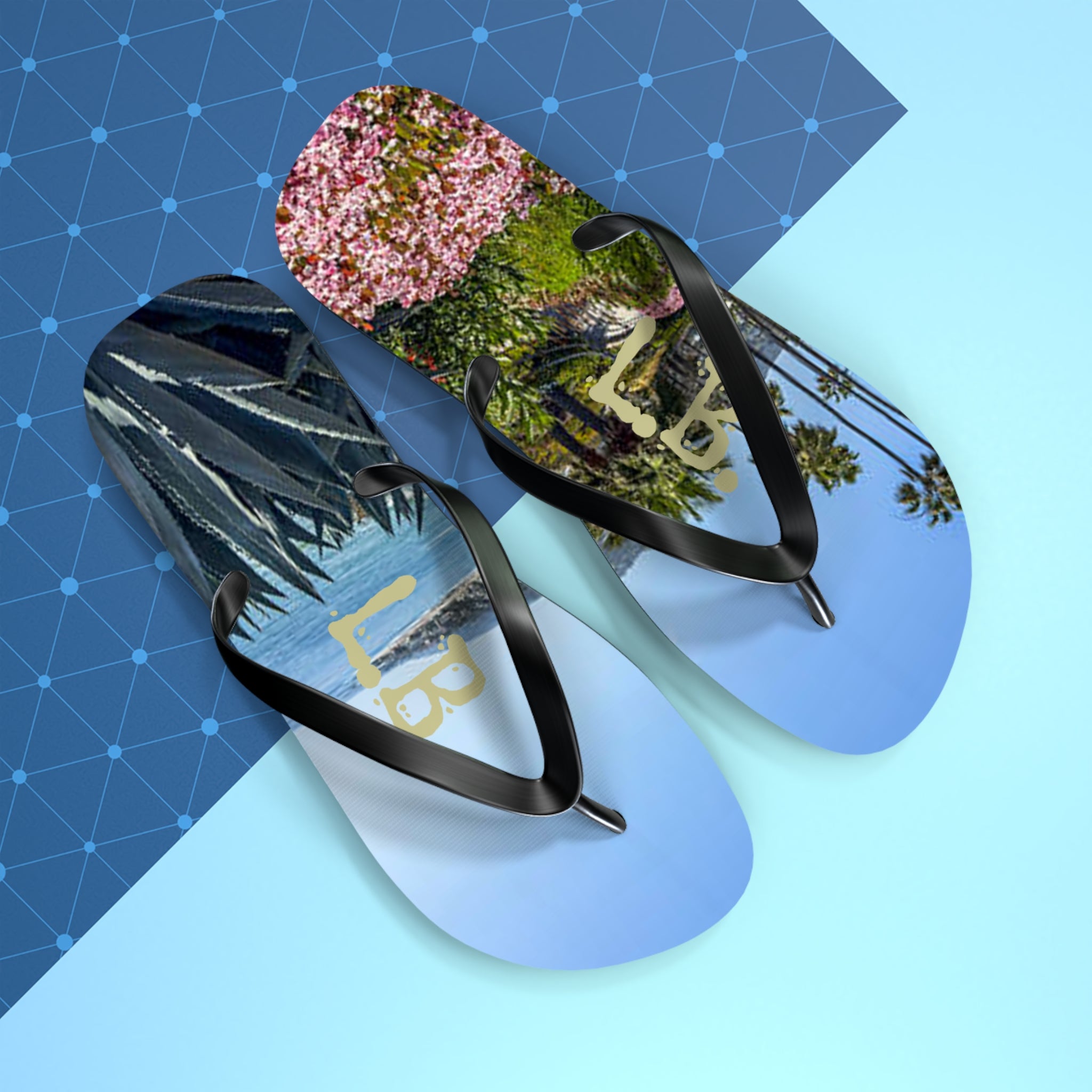 Flip-flops with "LB" logo and California landscape designs.