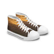 High-top sneakers with a sunset ocean wave pattern.