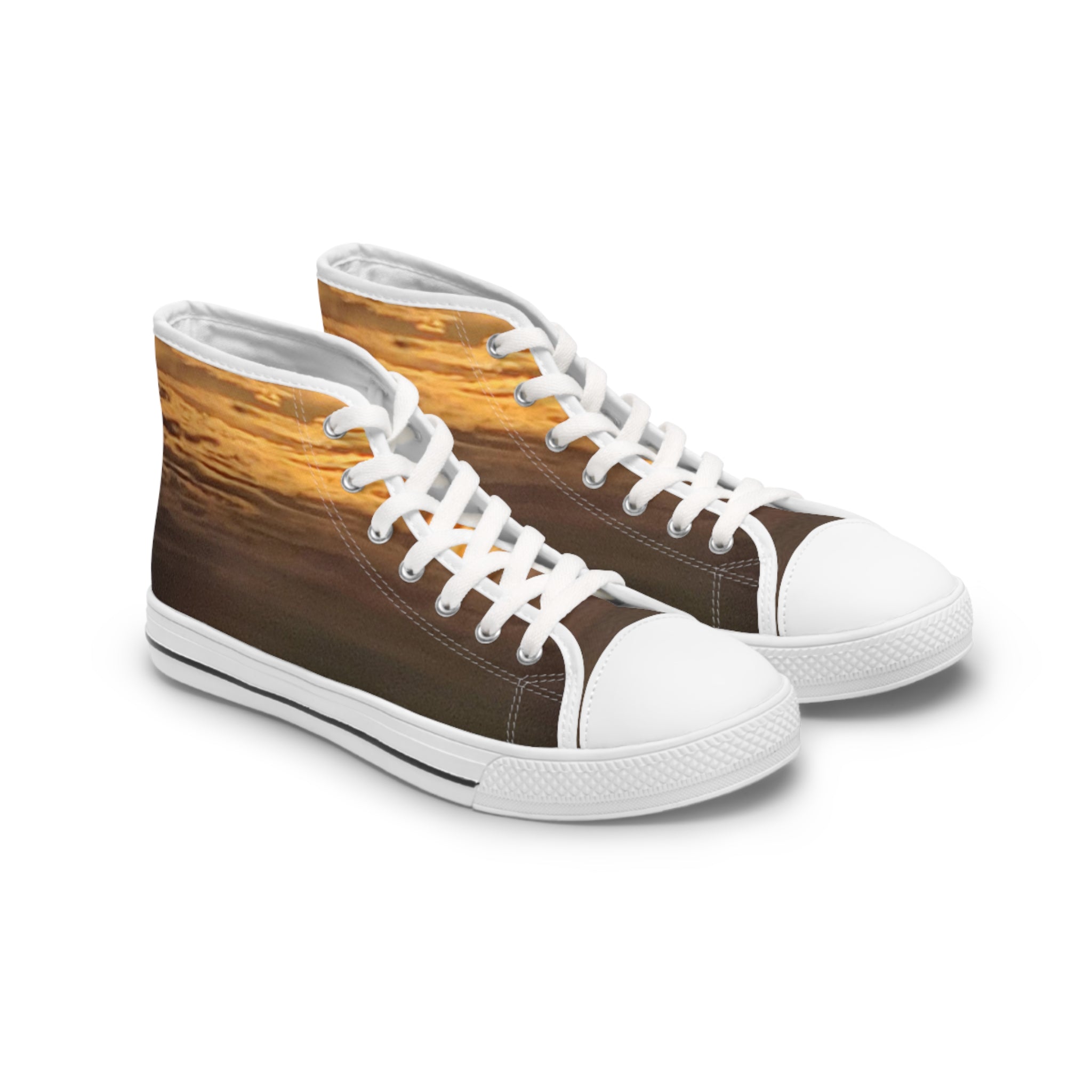 High-top sneakers with a sunset ocean wave pattern.