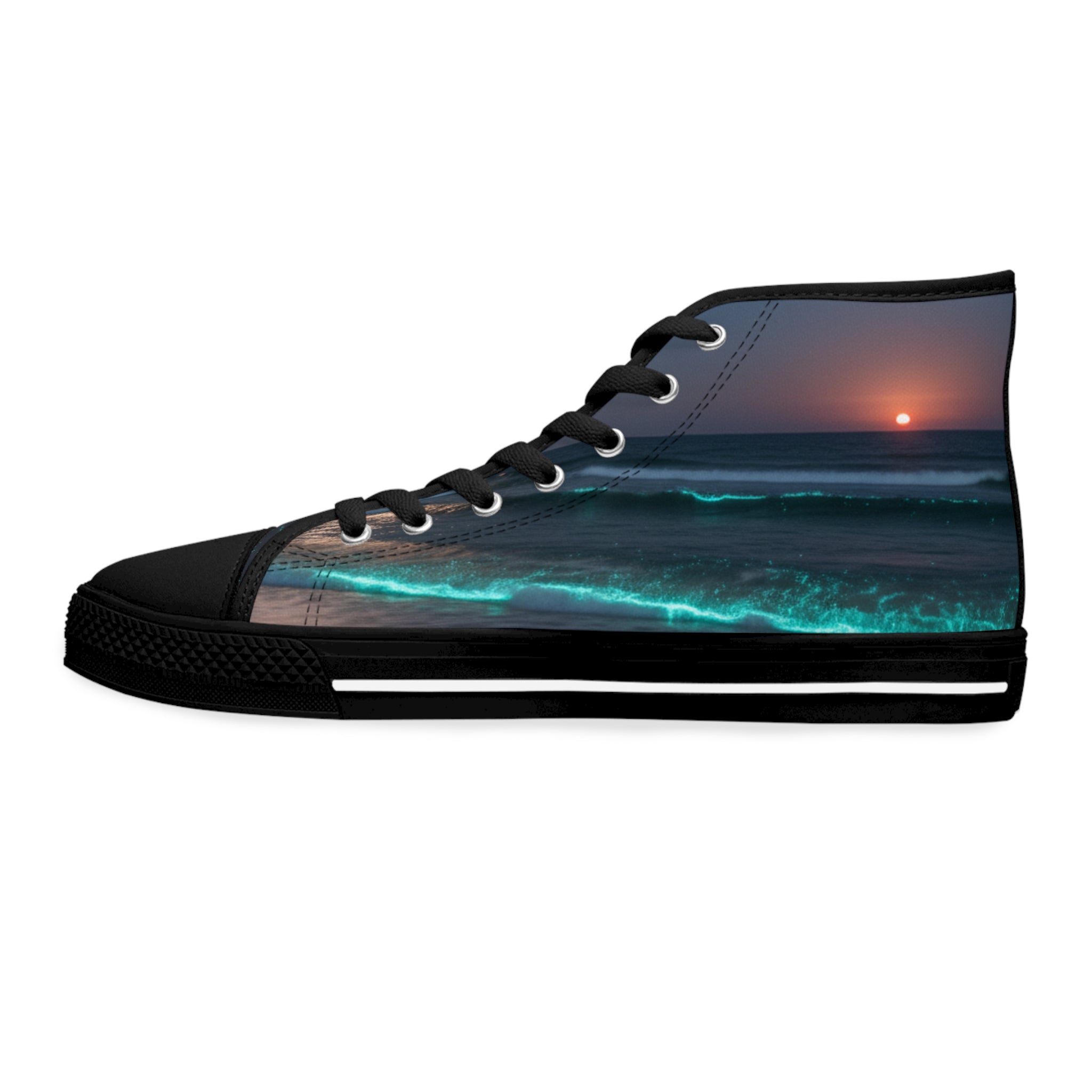 High-top sneakers with a sunset ocean wave design.