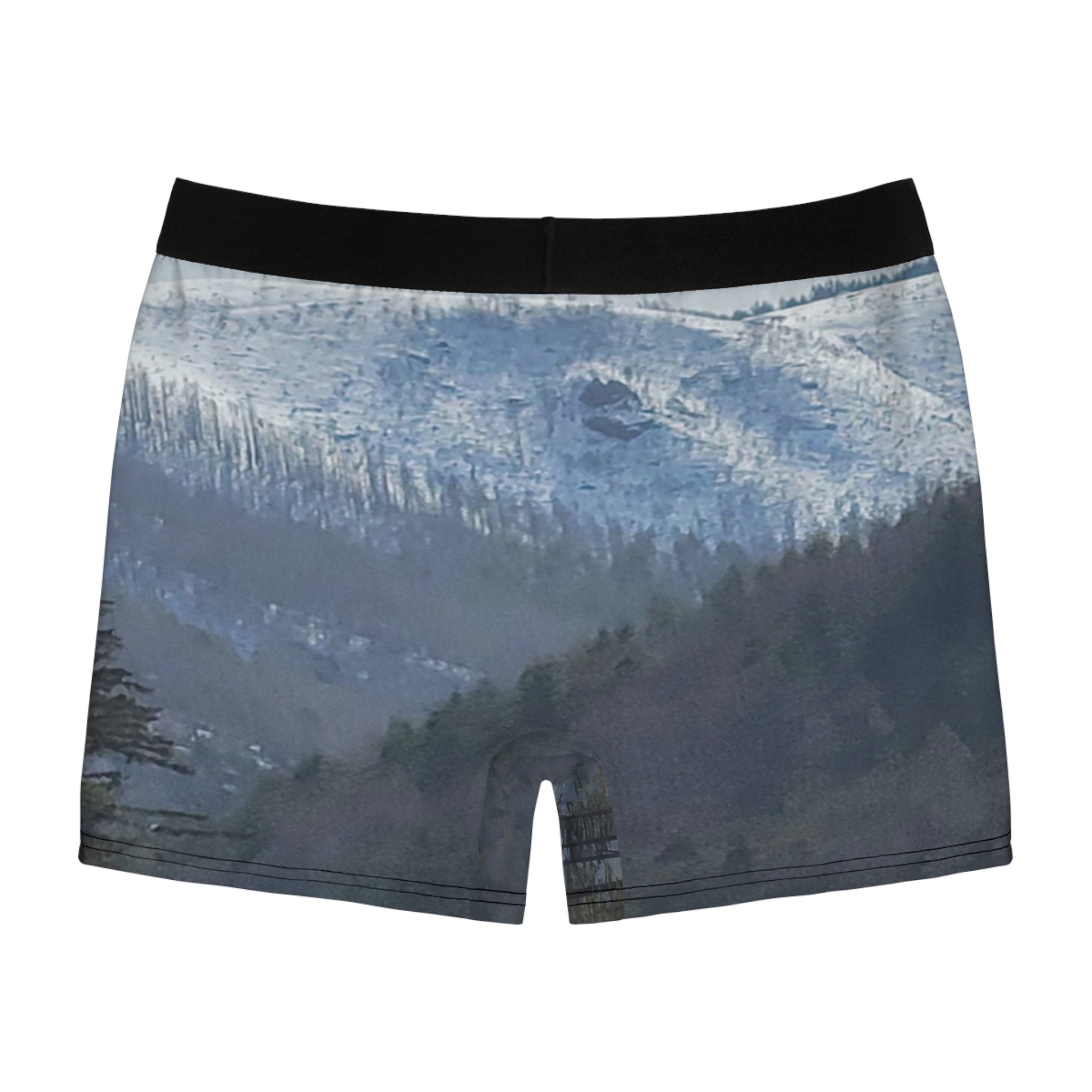 Boxer briefs with a snow-dusted mountain and forest landscape pattern.