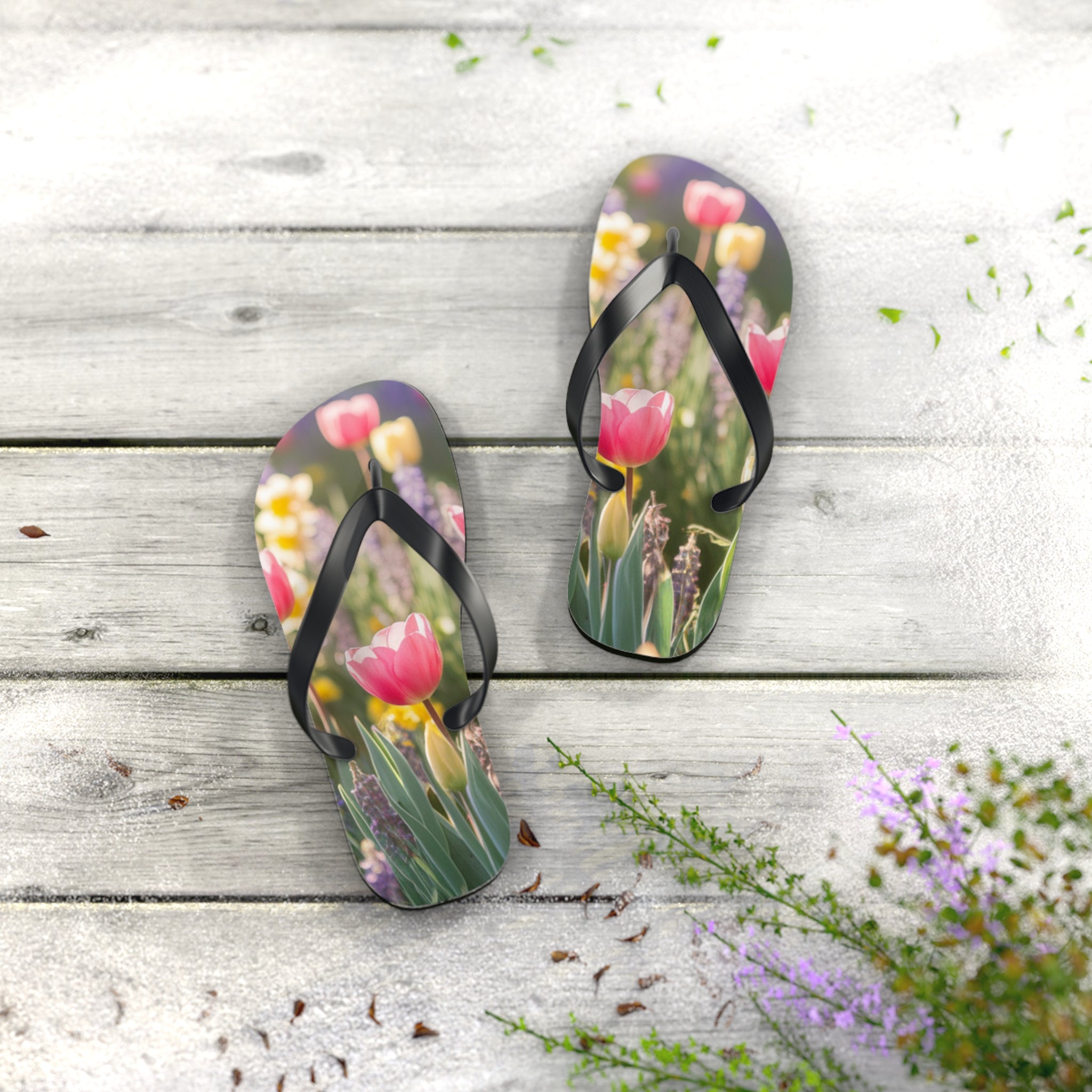 Flip-flops with a floral pattern of tulips and lavender on a wooden surface.