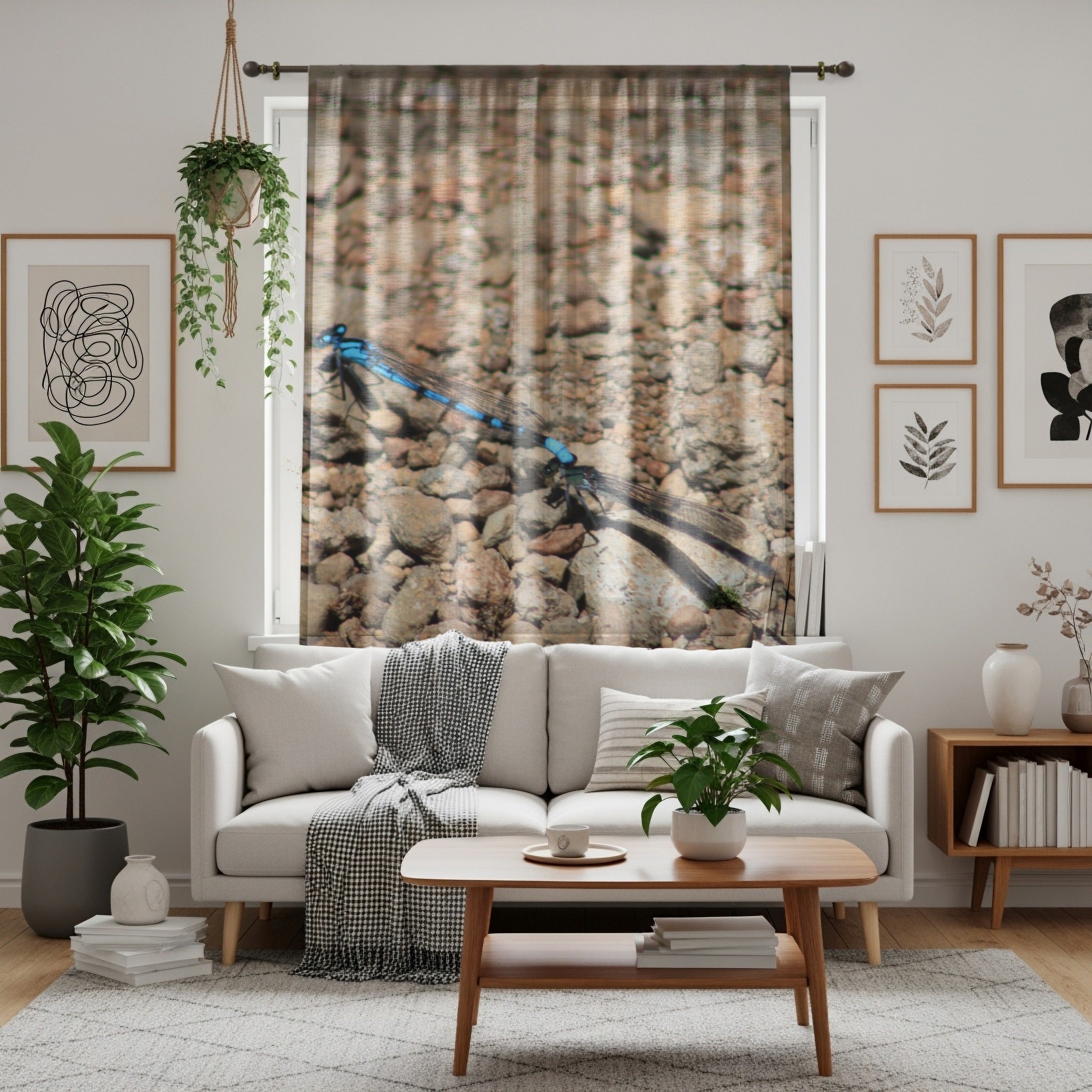 Blue Dragonfly on Pebbles Print Decorative Curtain
