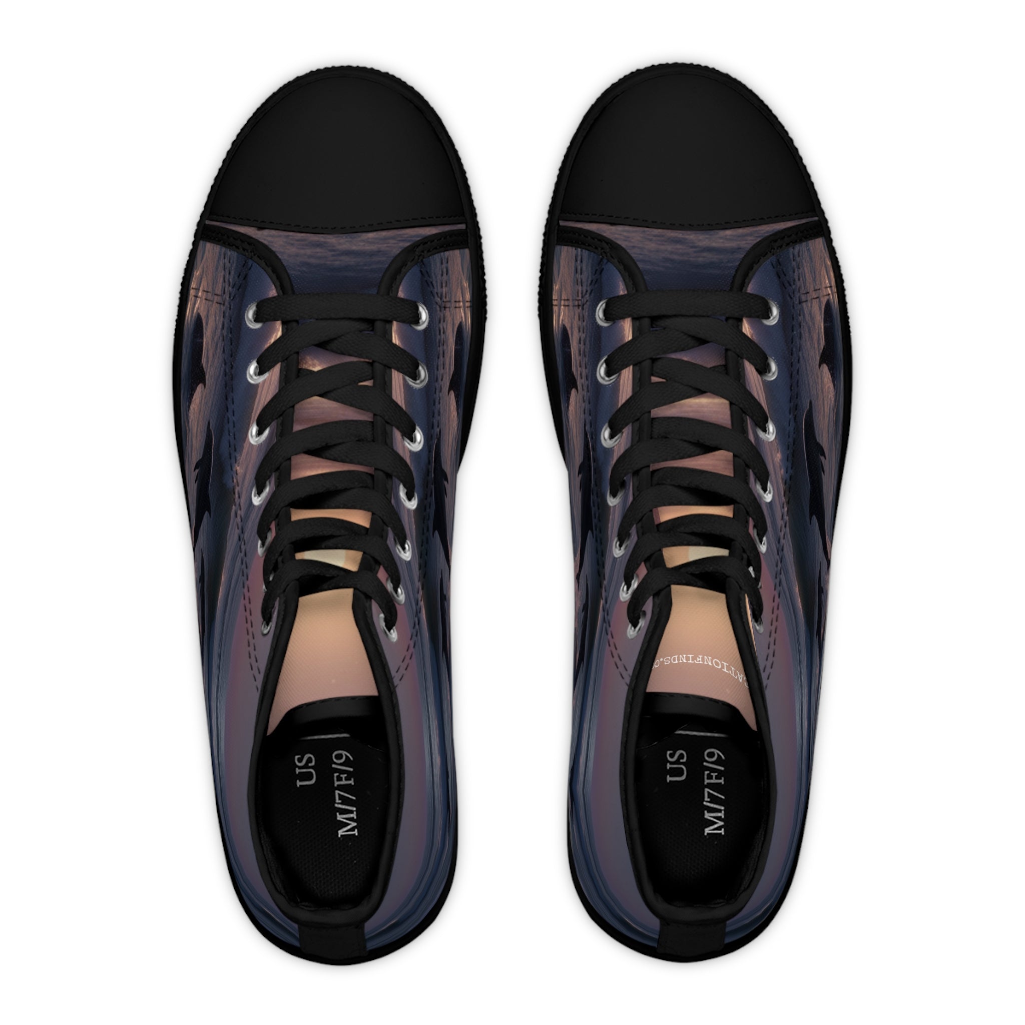 High-top sneakers with a sunset silhouette design.