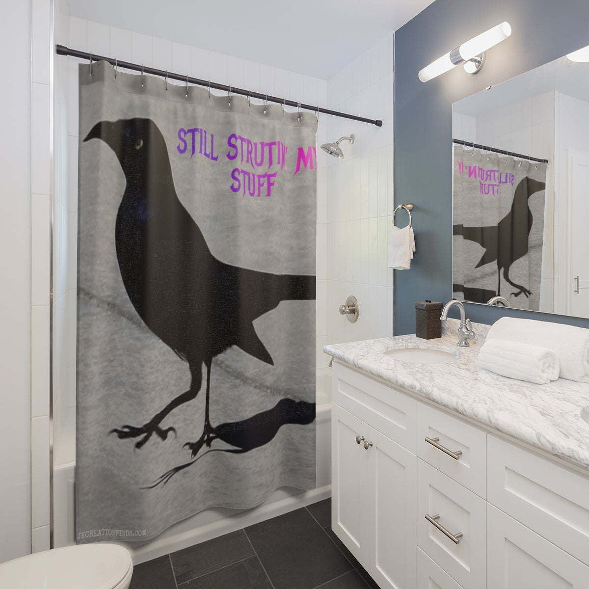 Still Struttin' My Stuff Shower Curtain with Black Crow