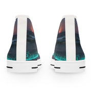 High-top sneakers with a sunset ocean wave print.