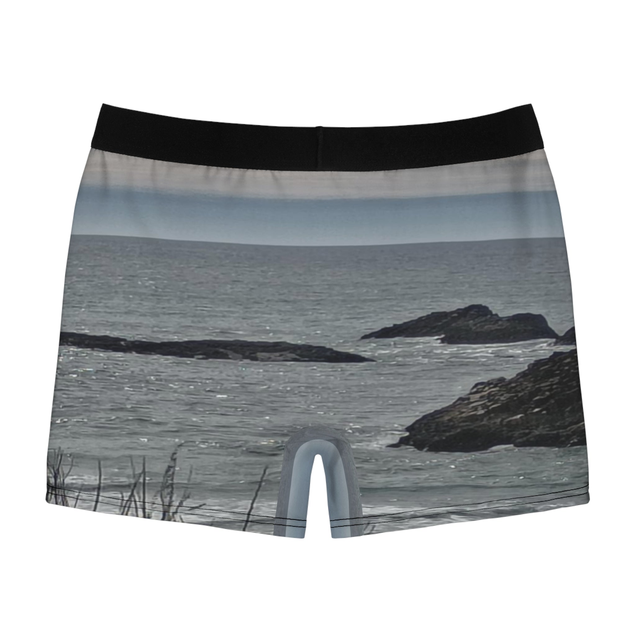Men's boxer briefs featuring a seascape with rocks and ocean.