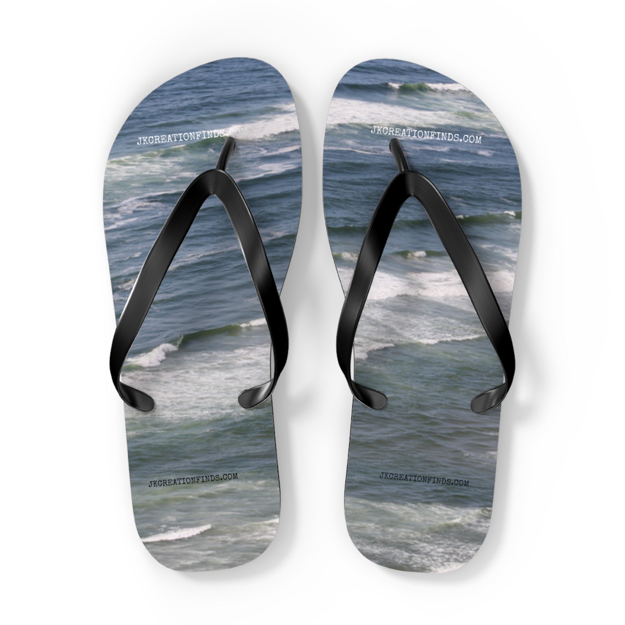 Flip-flops with ocean waves and "JKREATIONFINDS.COM" text.