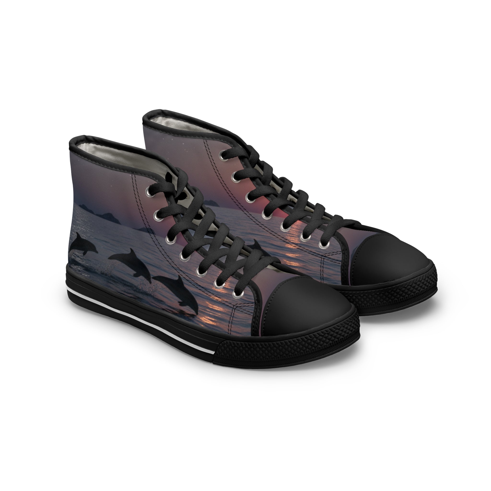 Black high-top sneakers with a sunset and dolphin print.