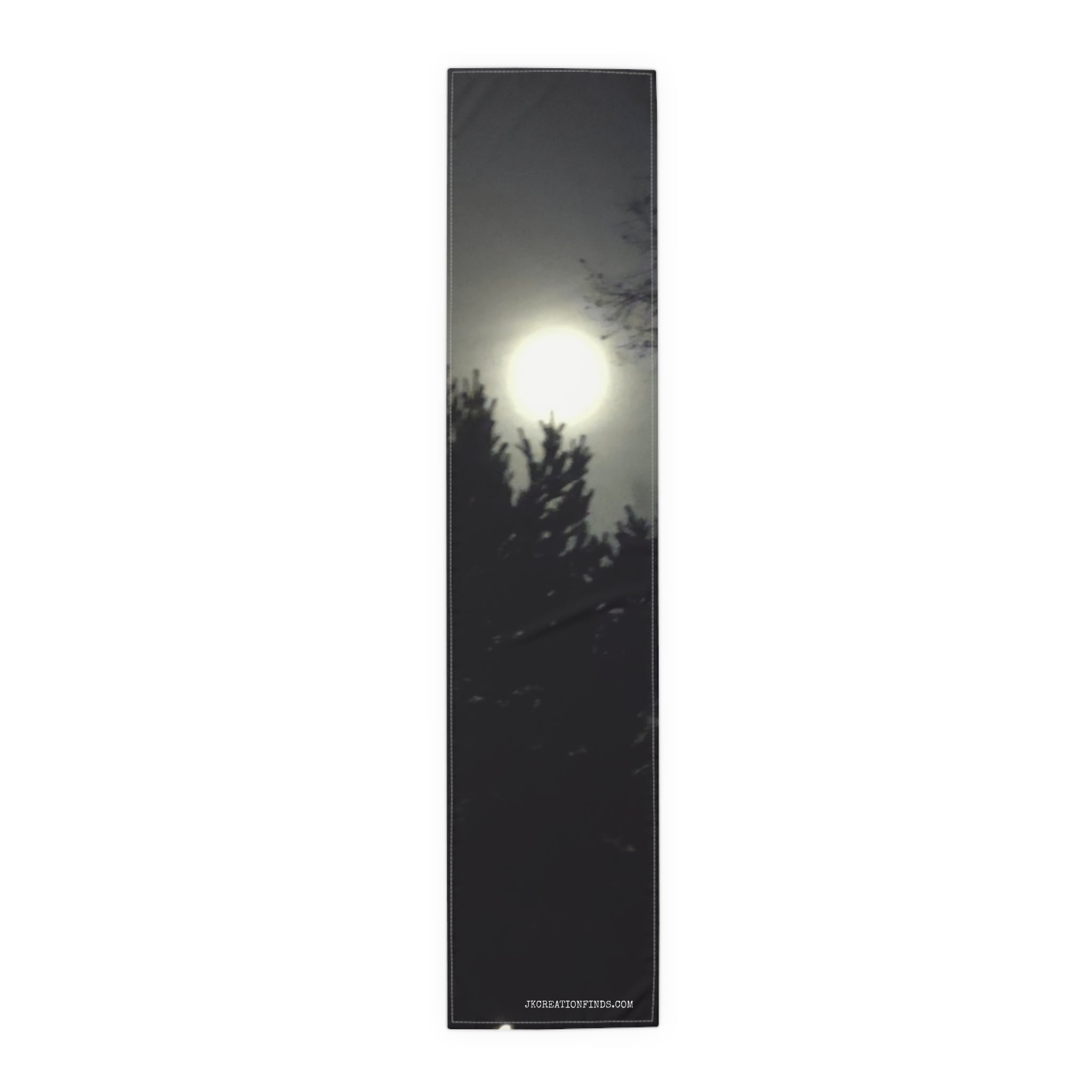 Moonlit trees and text on a dark celestial background.