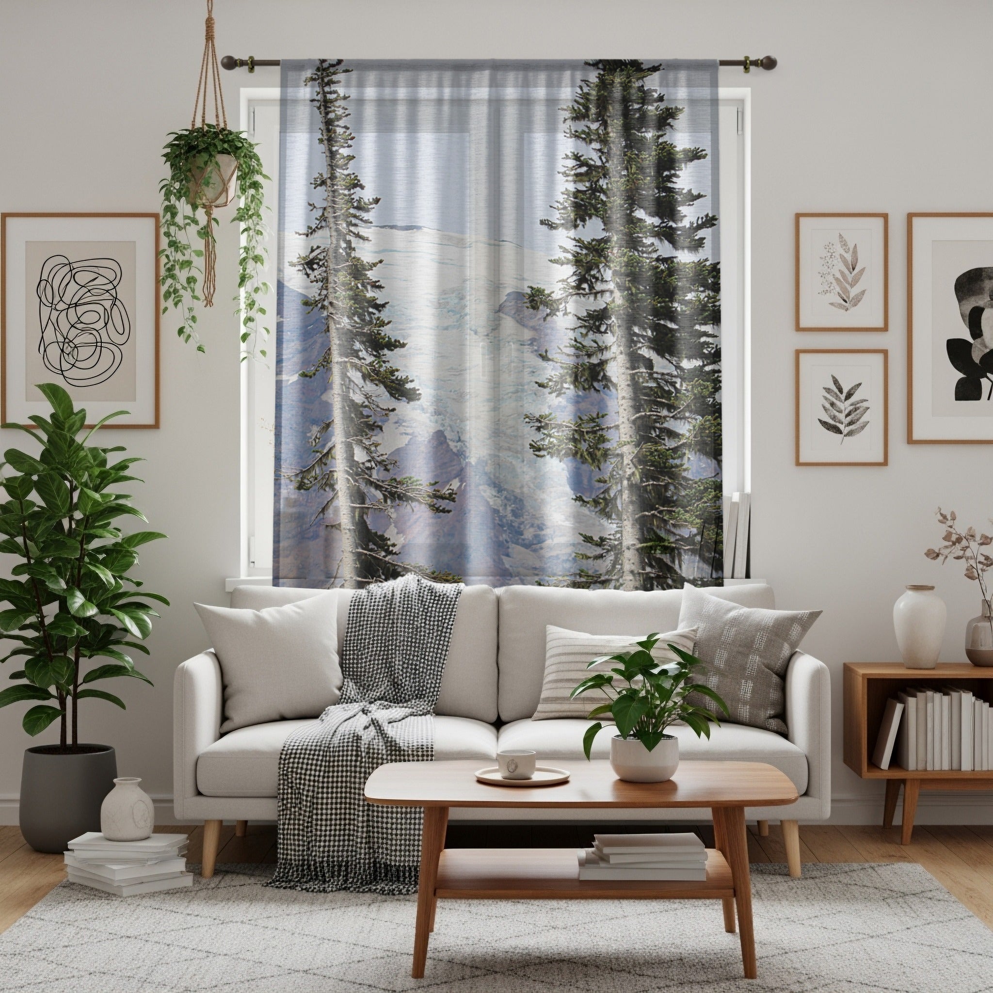 Mountain Window Curtains, Pine Tree Decor, Glacial Peak Art, Landscape Drapery, Scenic Nature Print, Rustic Cabin Home Decor, Mount Rainier