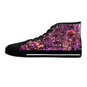 Black high-top sneakers with a floral pattern on the side.