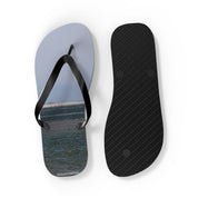 Flip-flops with a beach landscape design, one shown open and the other sole up.