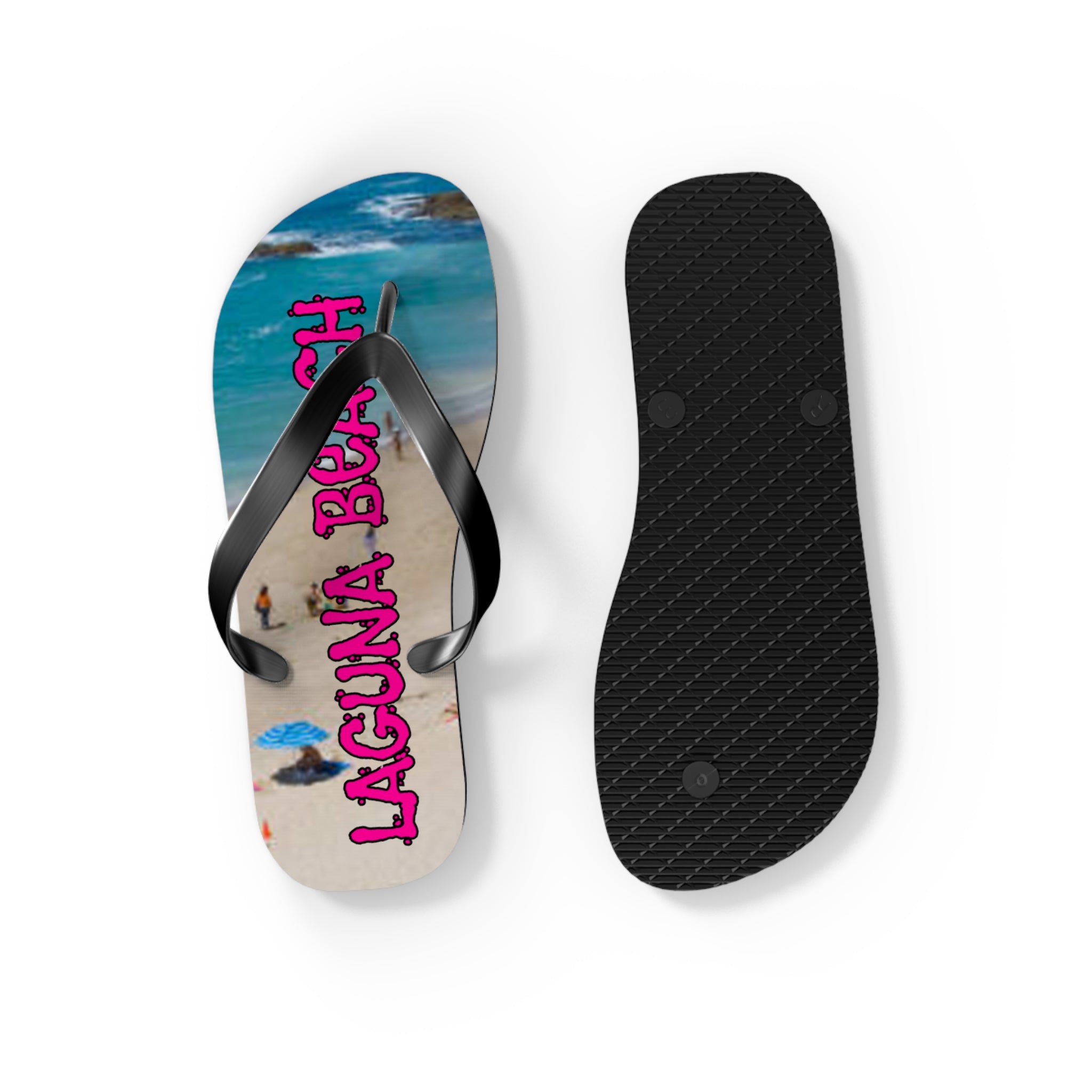 Flip-flops with "Laguna Beach" text and beach scene on right sole.