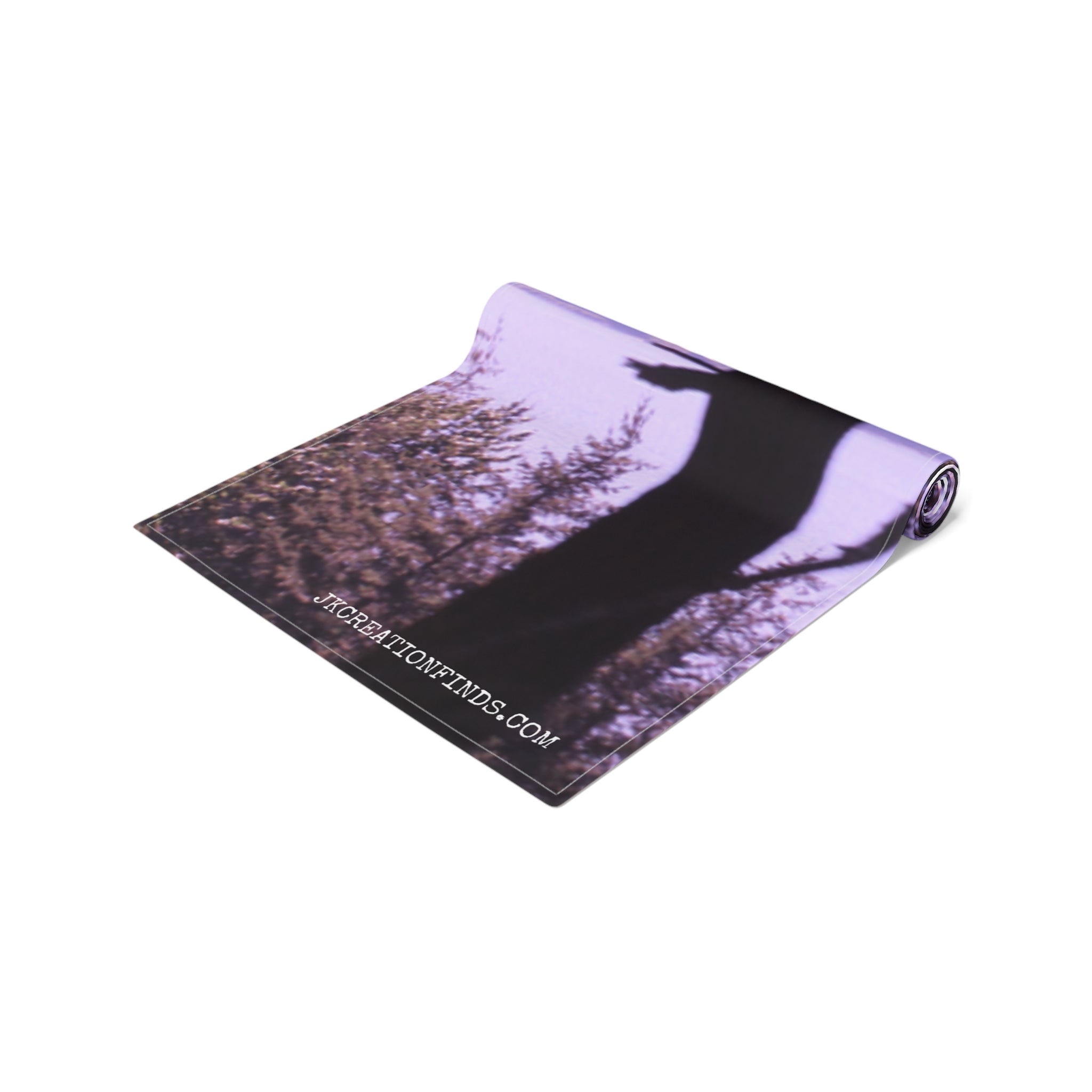 Purple yoga mat with tree silhouette and JKCREATONFIND.COM