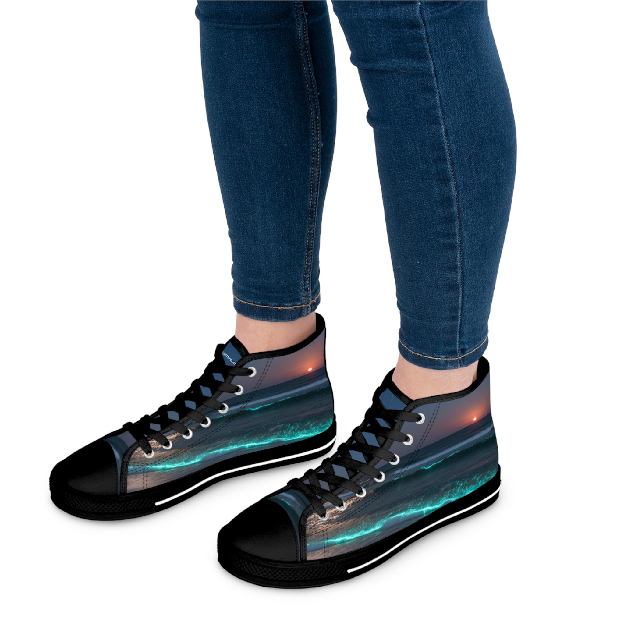High-top sneakers with a vibrant, abstract ocean wave graphic.