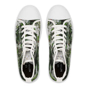 White high-top canvas sneakers with a floral print.