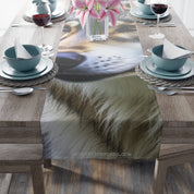 Dog face printed on a fabric table runner.