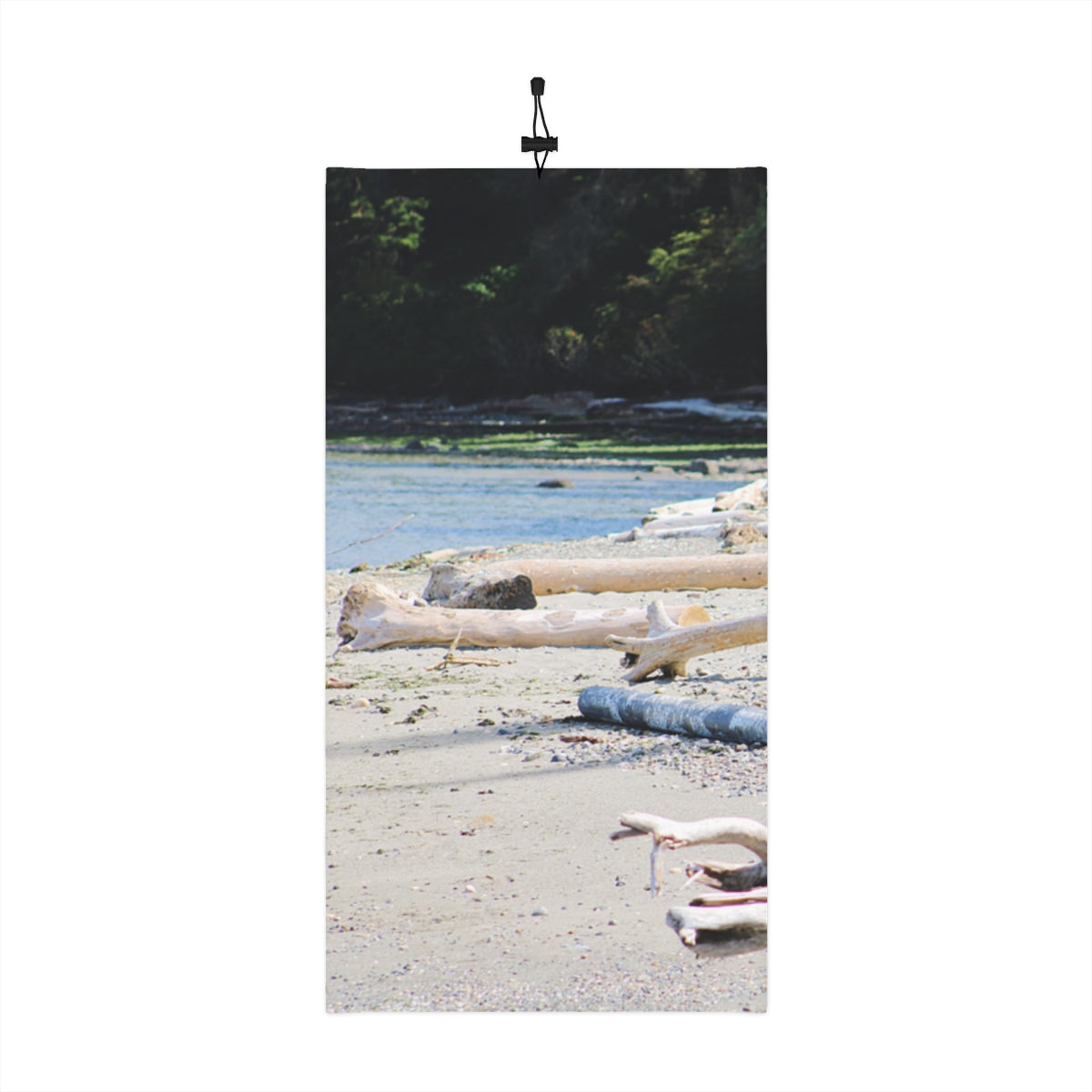 Driftwood on Tranquil Beach Towel Scenic Coastal Artwork