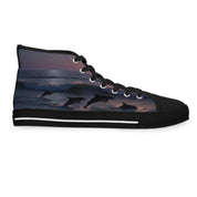 High-top sneakers with leaping dolphins and ocean waves at sunset.