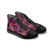 High-top canvas sneakers with a vibrant floral and abstract pattern.