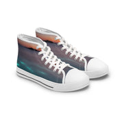 High-top sneakers with a sunset ocean wave and light streak design.